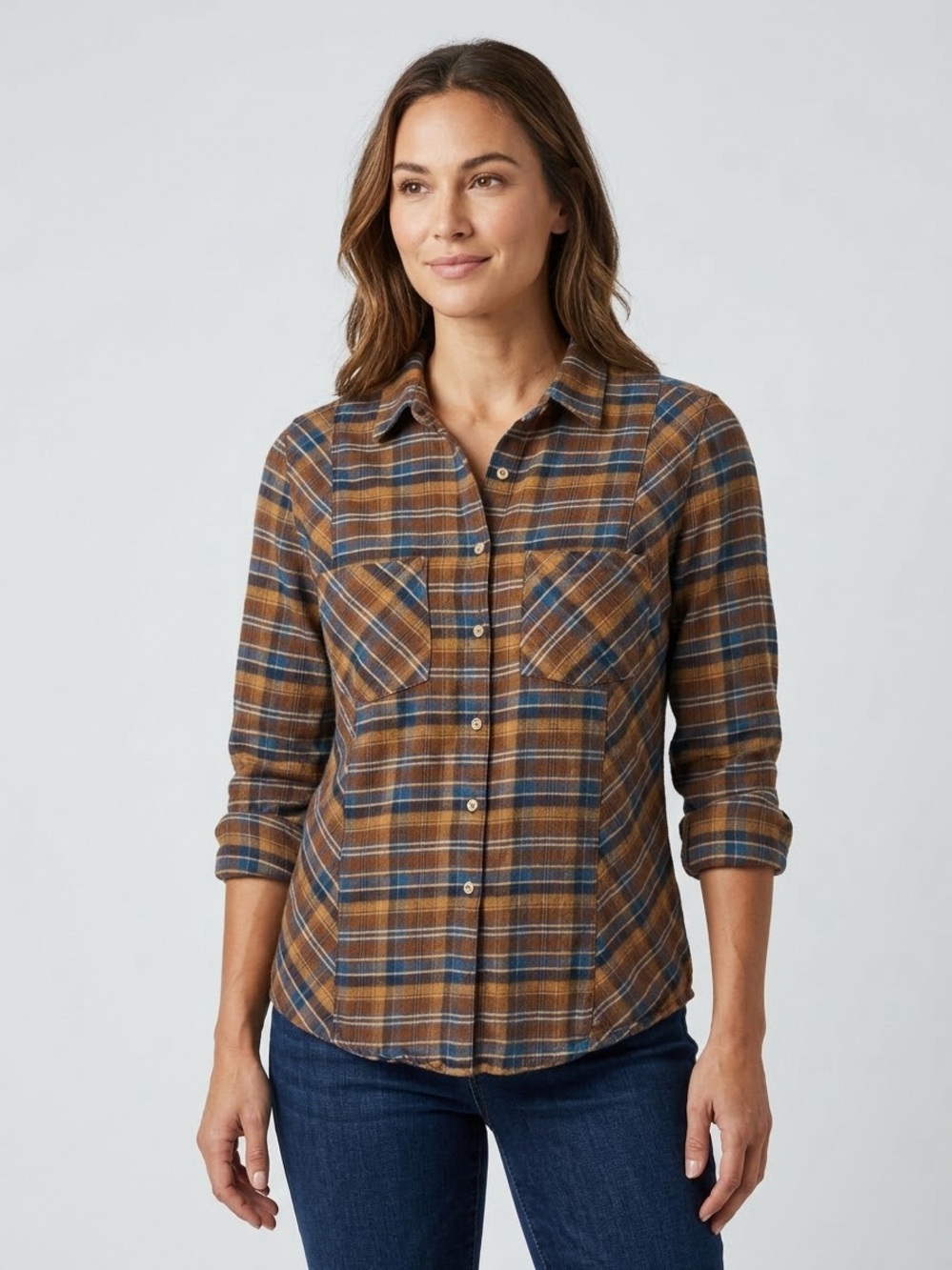 Daytrip Plaid Button Down Shirt Brown Blue Flannel Long Sleeve Pockets Sz Large